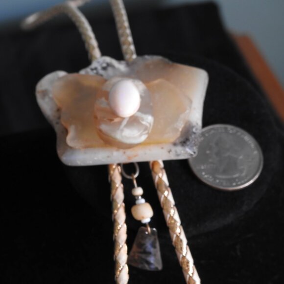 Handmade Artisan Moss Agate & Mexican Opal Bone Silver Bolo Tie - Picture 10 of 10